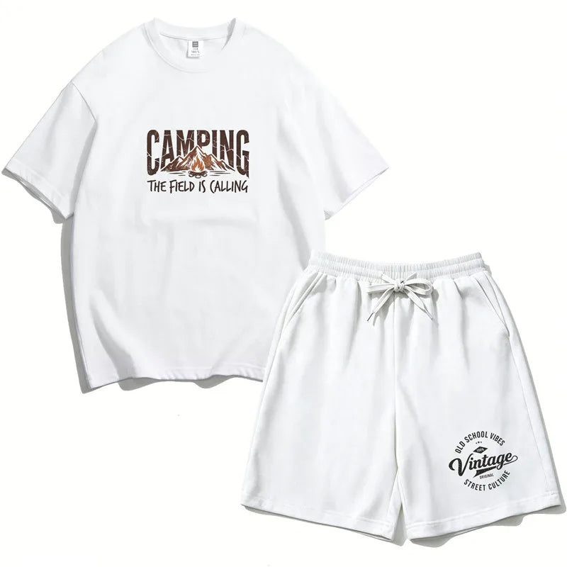 Boys 2PCS Cotton Outfit Set Mountain Print Short Sleeve Tee + Elastic Waist Shorts Camping Summer Set LH21