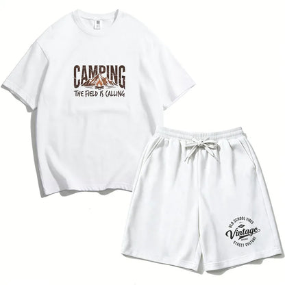 Boys 2PCS Cotton Outfit Set Mountain Print Short Sleeve Tee + Elastic Waist Shorts Camping Summer Set LH21