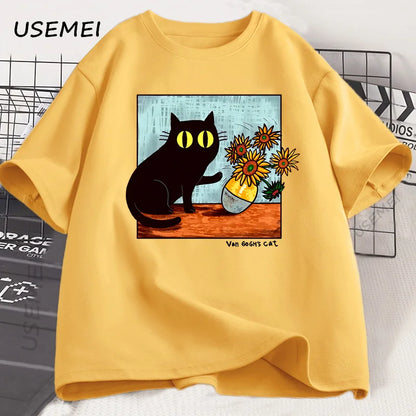 T Shirts Men Women Flower Black Cat T-shirt Round Neck Cotton Short Sleeve Trendy Tee Shirt Streetwear