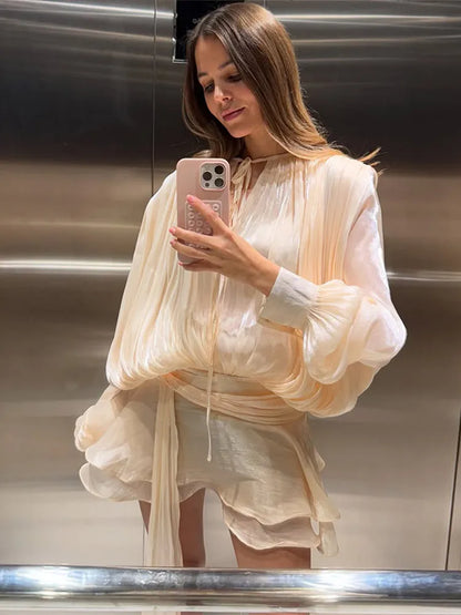 Stunning Shiny Ruffles Lace Up Mini Dress Women's Chic Loose Hollow Out A-line Pleated Vestidos Lady Summer Party Gowns 2025 New