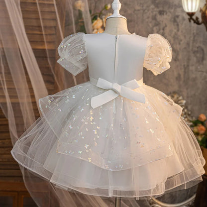 Vestido de Verão Novo com Laço e Bordado de Miçangas para Meninas, Saia Rodada Fofa, Vestido de Aniversário de Tule para Bebê Menina