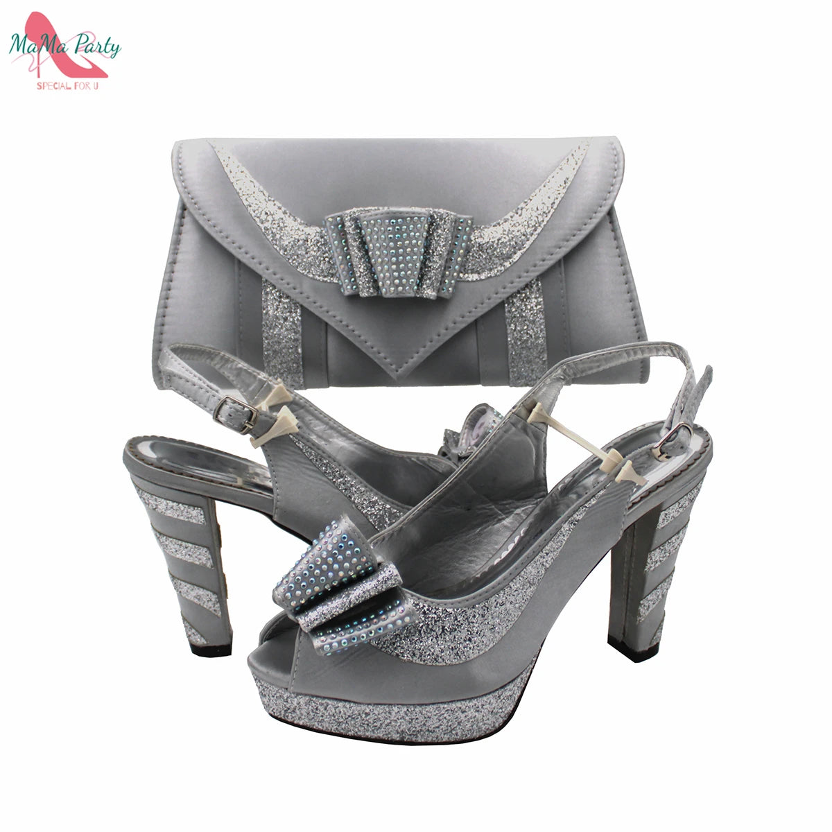 Fashion Pretty Peep Toe African Women Shoes Matching Bag Set in Silver Color Elegant Style Platform Sandals for Party