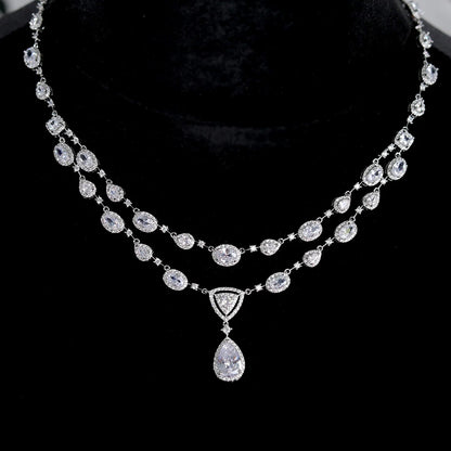 White Transparent Two-layer Water Drop 2PCS Crystal Necklace and Earring Zircon Jewelry Sets Wedding Party Bridal Accessories