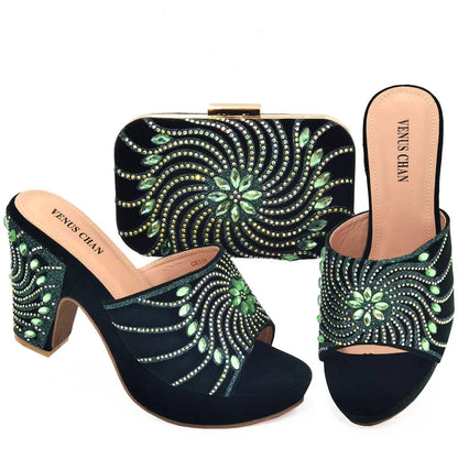 The Latest Italian Design Rotary Rhine-Diamond Floral Thick Heel Platform Women's Comfortable Shoes Bag and Shoe Set