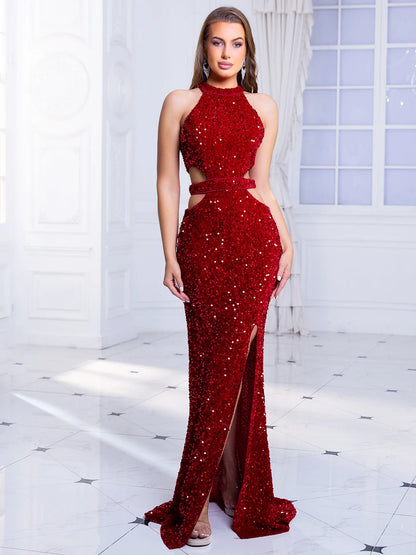 Sexy Sequined Evening Dress Hollow Out Sleeveless Bodycon Prom Ball Gown for Women