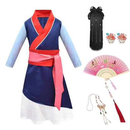 Mulan Same Costume Girl Hero Halloween Cosplay Costume Children Long-sleeved Two-piece Drama Costume Chinese Style Dress