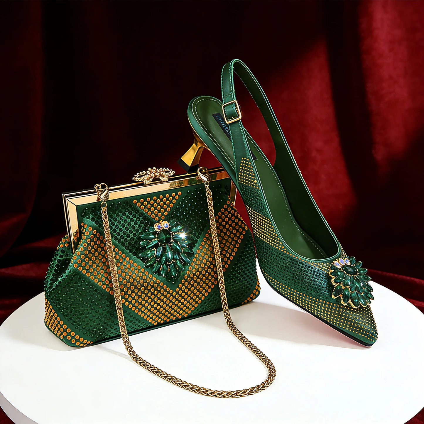 Italian Luxury Rhinestone Wine Pointed Toe High Heels with Matching Bag Set – Ideal for Parties and Special