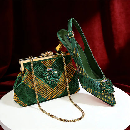 Italian Luxury Rhinestone Wine Pointed Toe High Heels with Matching Bag Set – Ideal for Parties and Special