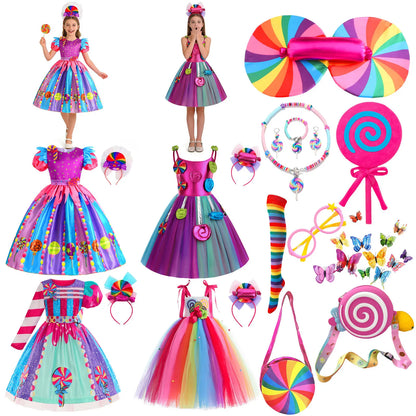 2026 New Candy Dress For Baby Girl Purim Carnival Birthday Costume Fancy Rainbow Short Sleeve Cute Dress + Accessories Set