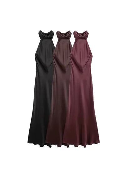 Women's Long Satin Halter Dress, Backless, Bow Tied, Back Zipper, Female Dresses, Sexy Fashion