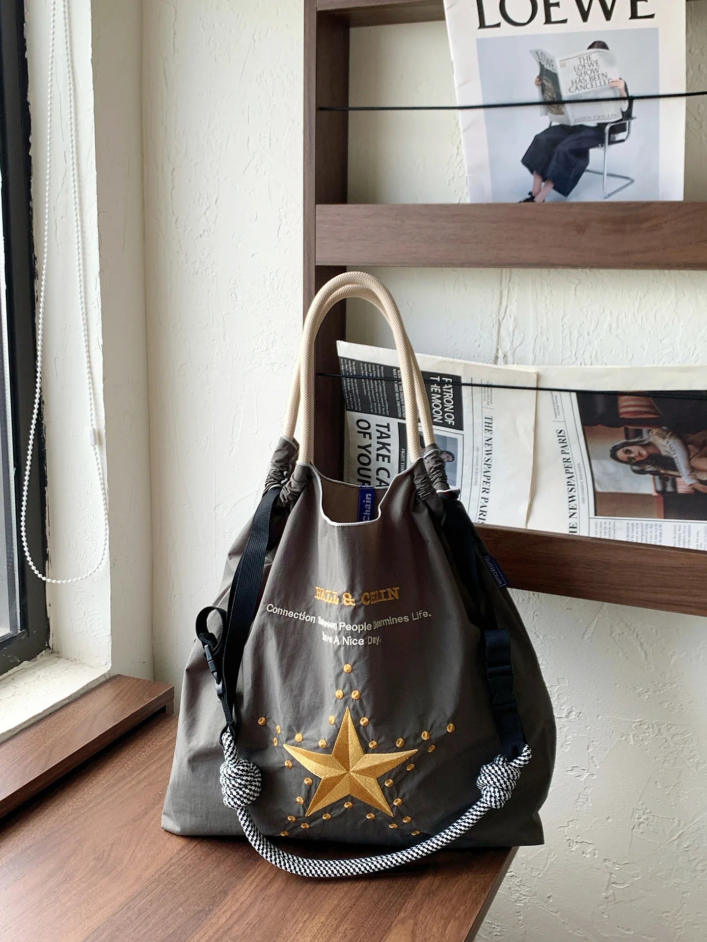 New Japanese-Style Embroidered Shopping Bag Y2K Style Large Five-Pointed Star Design Women's Shoulder Bag Lightweight Tote Bag Foldable Storage Suitable for Shopping Leisure Holiday Parties