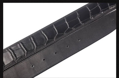 3.8 wide punched men's cowhide leather belt, high-end fashion trend crocodile pattern genuine leather belt without buckle durabl