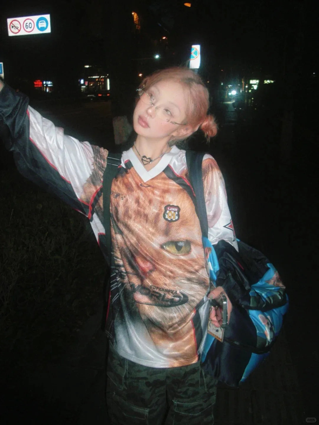 Japanese Y2k Kitten Print Jersey T-shirt Vintage Harajuku V-neck Long Sleeve Cat Tops American Retro Streetwear 2000s