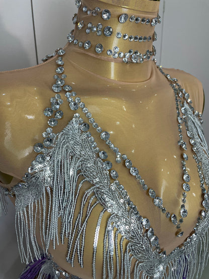 Women Sexy Stretch Mesh Sparkly Rhinestone Tassels Mini Dress Nightclub Singer Dance Stage Costume Evening Gowns