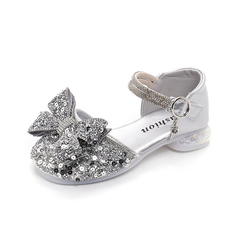 2025 Children's Crystal Princess Shoes bow Tie stylish summer new girls' head-wrapped sandals small high heels performance shoes