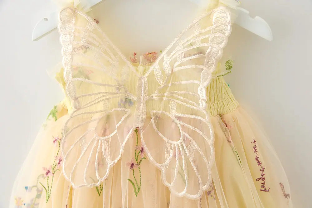 Girls Princess Dress with 3D Wings - Sparkle Tulle Sleeveless Gown, Fairy Puffy Party Dress for Birthday & Holiday