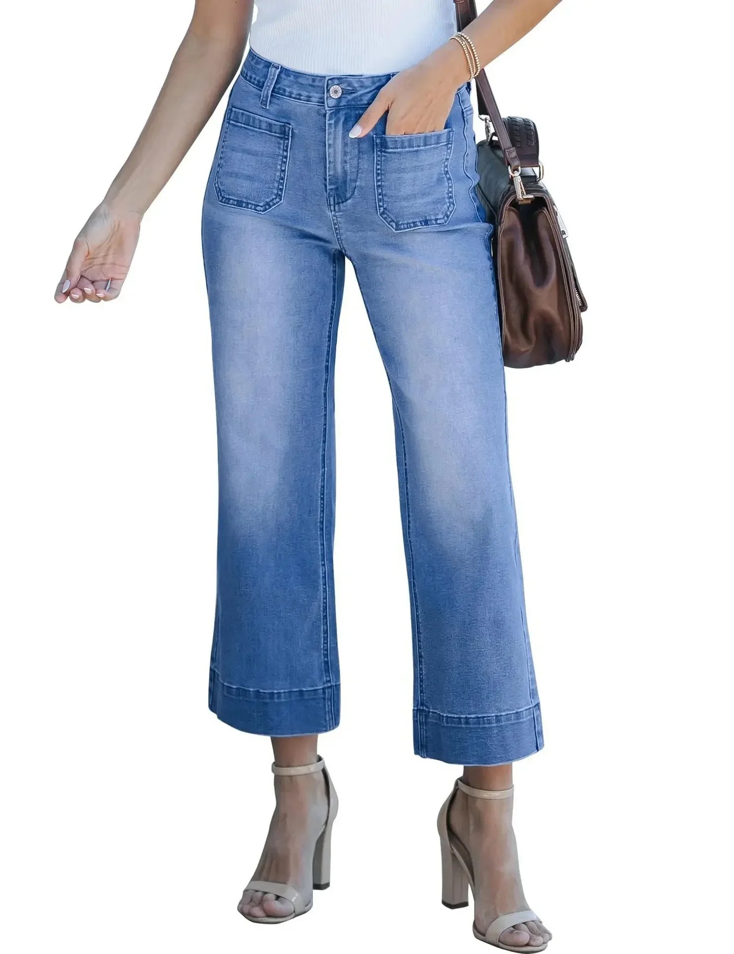 Fashionable Casual Straight Leg Jeans Washed Denim Nine-Piece