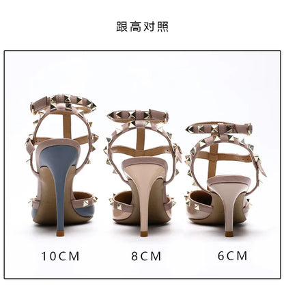 2025 New Genuine Leather Gladiator Pumps Sandals Luxury Metal Rivets Summer Women Outdoor Slippers Black Fashion High Heels 41