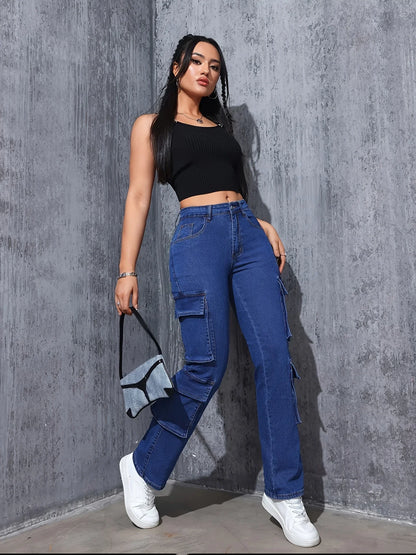 Women's work pants straight leg jeans with multiple pockets, super elastic straight leg casual retro high waisted comfortable st