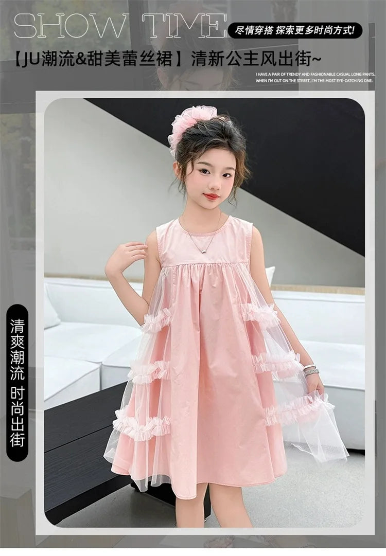 Cute blue lace sleeveless dress With Bag princess dress For 2-10 Yrs baby girls Children Clothes 6.1 Children's Day Clothing