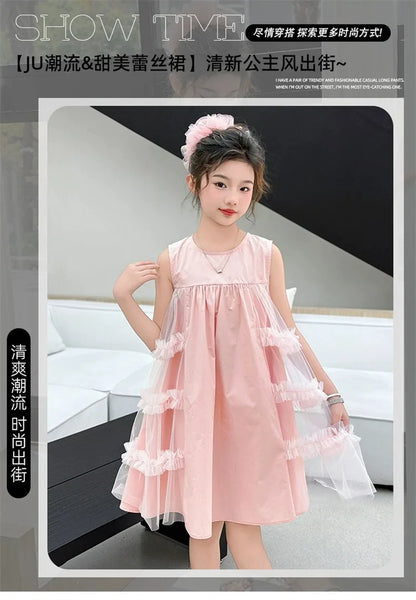 Cute blue lace sleeveless dress With Bag princess dress For 2-10 Yrs baby girls Children Clothes 6.1 Children's Day Clothing