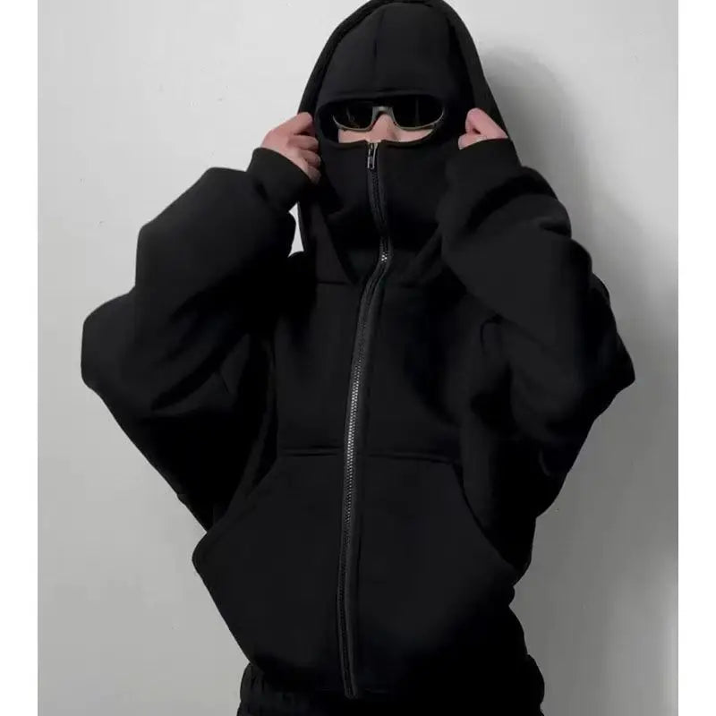 Unisex Hoodie Warm Loose Hooded Jacket Zip-up Casual Jacket with Face Mask for Autumn Winter Outdoor Sports Streetwear