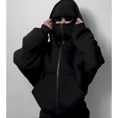 Unisex Hoodie Warm Loose Hooded Jacket Zip-up Casual Jacket with Face Mask for Autumn Winter Outdoor Sports Streetwear