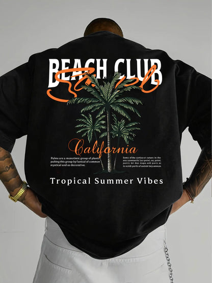 California Beach Club Palm Tree Print on Premium Soft 100% Cotton Mens T Shirt Perfect for Summer Tropical Casual Style