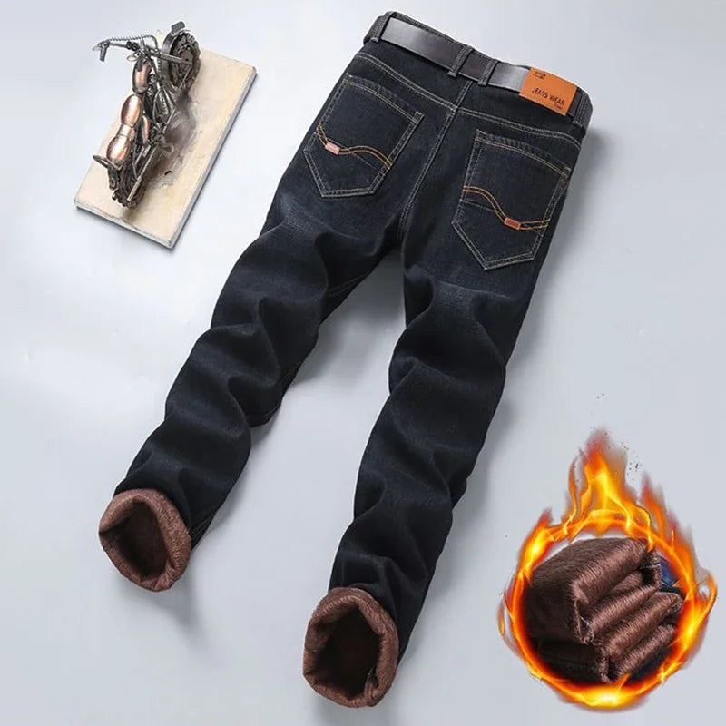 Men New Fashion Winter Warm Jeans Male Fleece Lined Thickened Denim Pants Loose Straight Comfortable Casual Black Blue Trousers