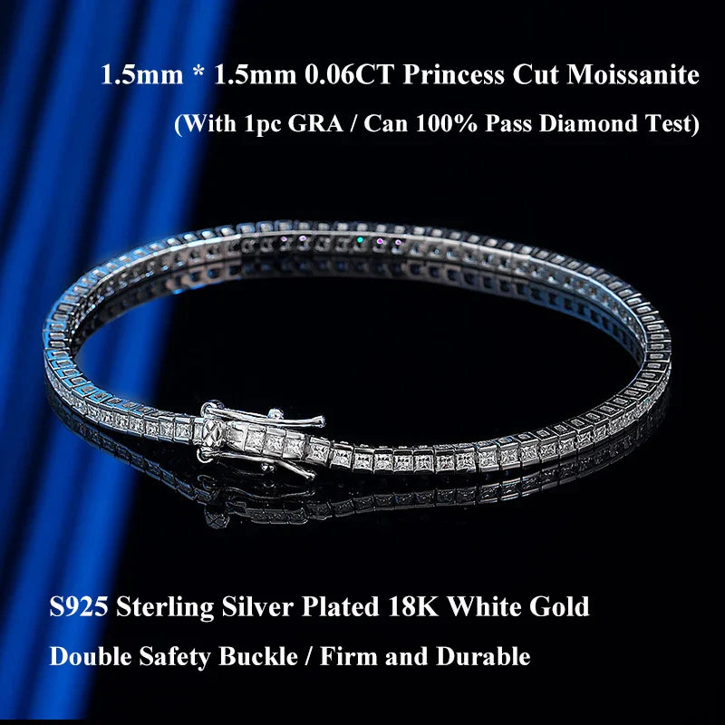 Princess Cut Full 1.5mm 2mm D Color Moissanite Tennis Bracelet for Women Man 925 Silver Pass Diamond Test Link Bracelets