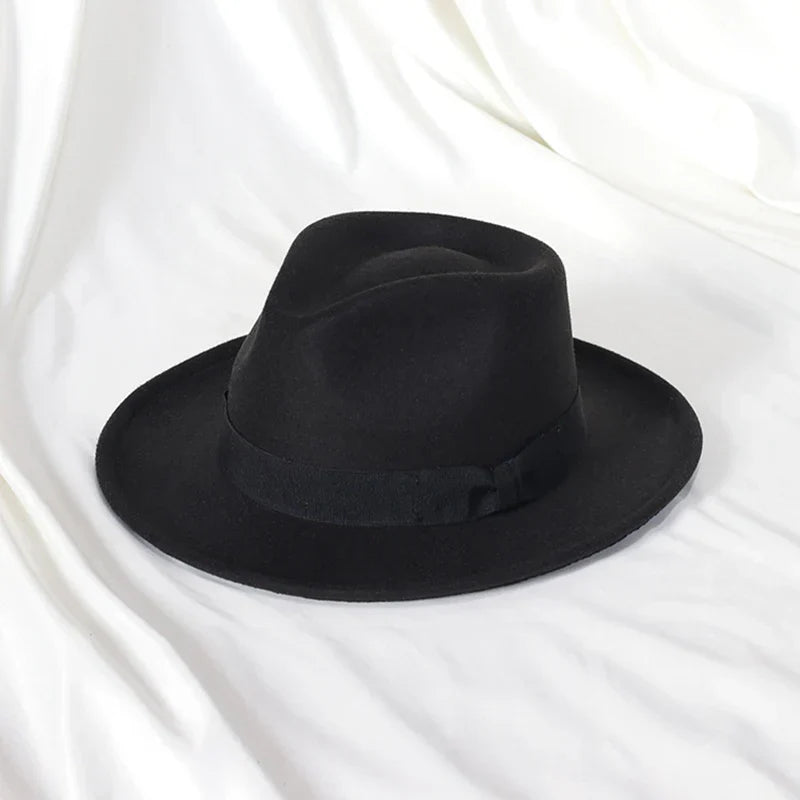 2022 New Fashion Men Fedoras Hat Women's Jazz Hat with Bow Tie Elegant Spring Black Woolen Blend Cap Outdoor Casual Felt Hat