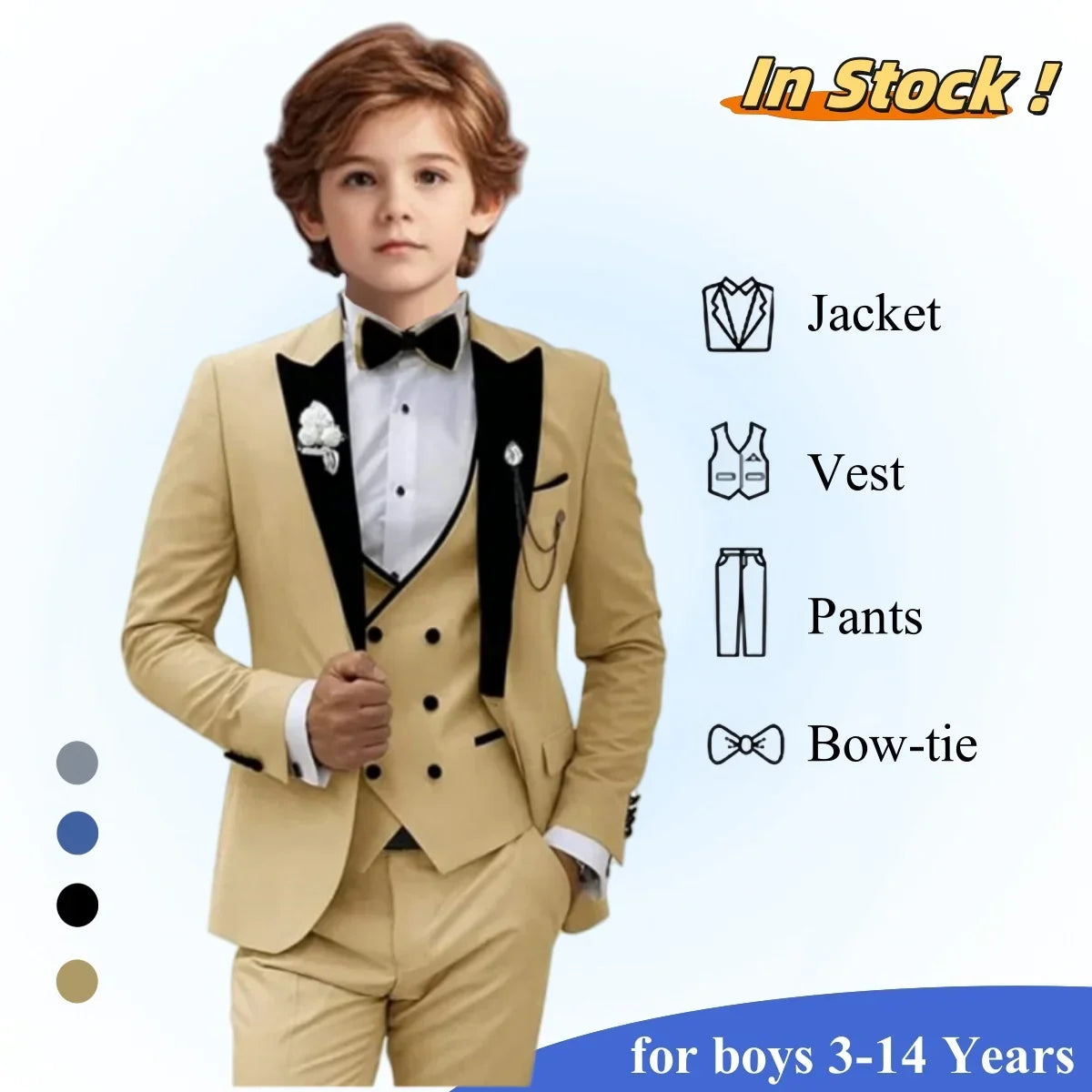2025 New Kids Suit Set, 4 Pieces Formal Homecoming Suits for Boys, Jacket Vest Pants Bowtie Velvet Collar