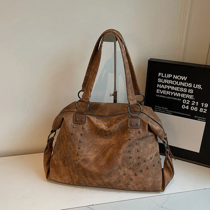 Autumn/Winter Retro Commuter Single Shoulder Bag for Women 2025 New Rivet Tote Bag Large Capacity Travel Handbag