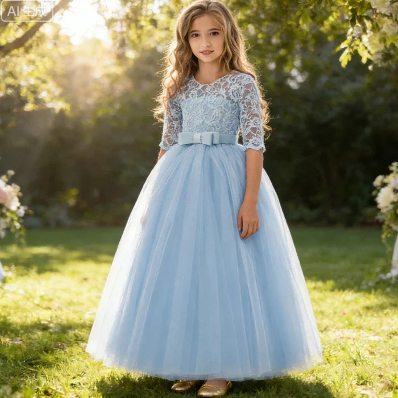 Teenager Girls White Bridesmaid Dresses Wedding Birthday Party Ball Gown Flower Girls First Communion Costume 3 to 14 Years