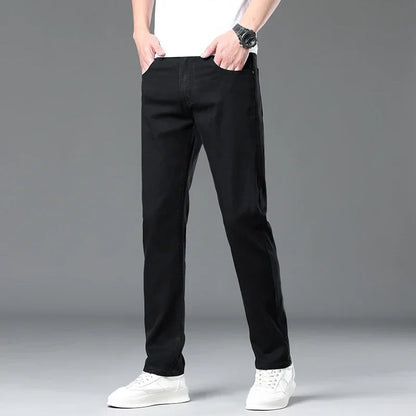 Summer Lyocell Ultra-thin Jeans Men Straight Stretch Breathable Denim Pants Fashion Business Casual Male Trousers Black Gray