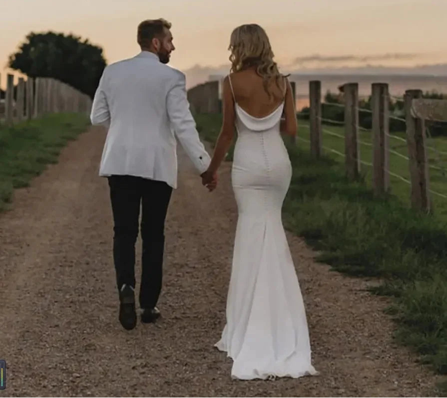 Customized Simple Crepe Cowl Neck Mermaid Wedding Gown Dress Bride Elegant Backless Draped Satin Spaghetti Straps Civil Vestidos
