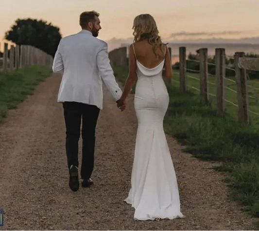 Customized Simple Crepe Cowl Neck Mermaid Wedding Gown Dress Bride Elegant Backless Draped Satin Spaghetti Straps Civil Vestidos