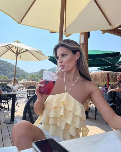Textured halter crop top with ruffles Women's short yellow sleeveless top with sexy streamers for summer 2025 ETJ