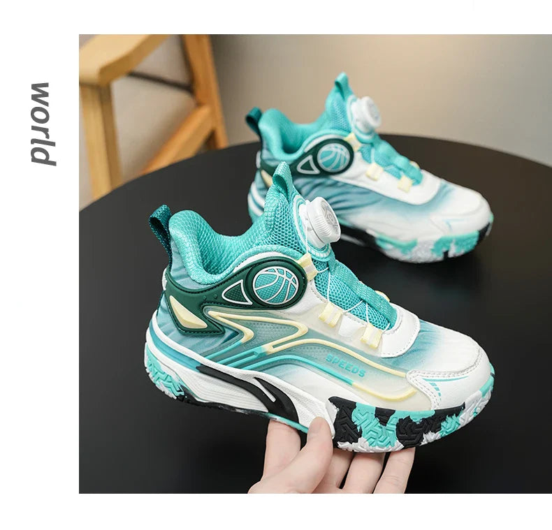 Children's basketball shoes boys' waterproof leather surface rotating buckle anti-slip and shock-absorbing student sports shoes