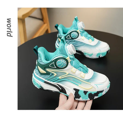 Children's basketball shoes boys' waterproof leather surface rotating buckle anti-slip and shock-absorbing student sports shoes
