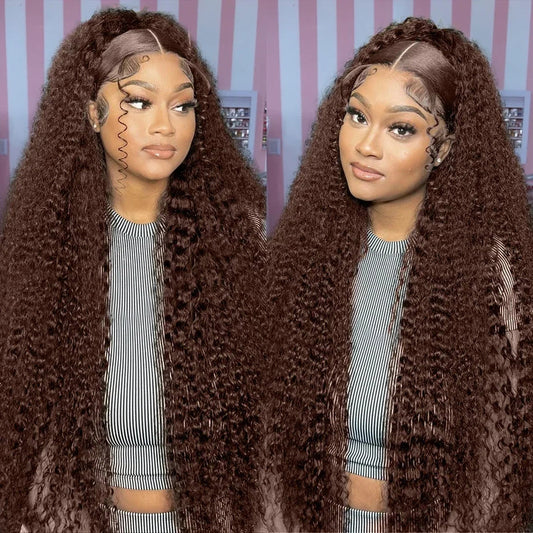 Chocolate Brown Curly Lace Front Wigs Human Hair Pre Plucked Deep Wave HD Transparent Lace Frontal Wig Brazilian Glueless Wigs