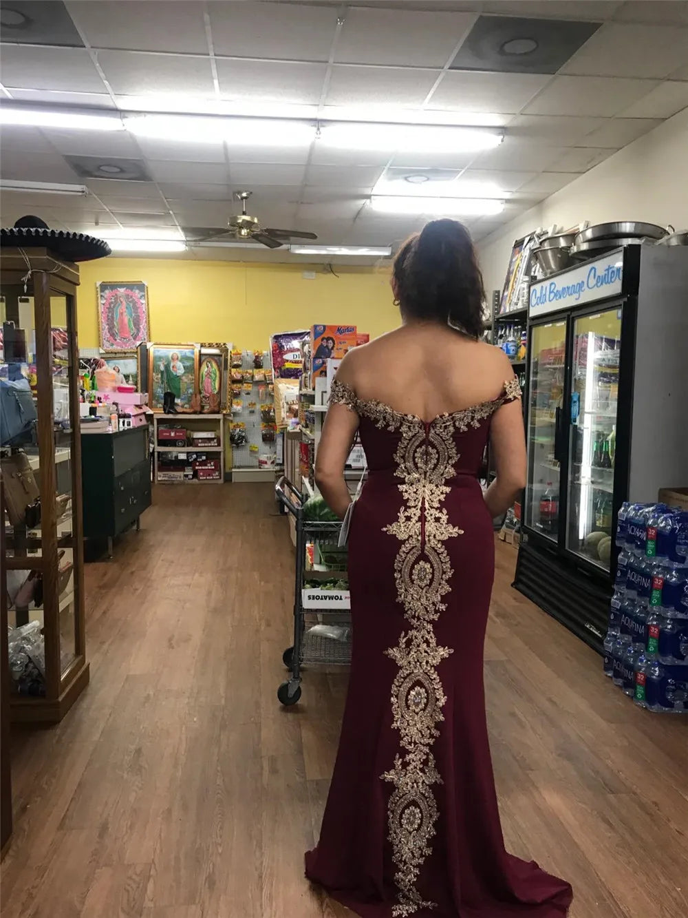 Gold Rose Lace Mermaid Prom Dresses For Women Burgundy Long Sexy Open Back Cap Sleeve Elegant Evening Party Gown Vestido de Gala