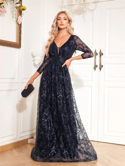 New Elegant Blue V-Neck Floral Evening Dress Long 2025 Luxury Women Long Sleeve Wedding Party Cocktail Dress Graduation Prom