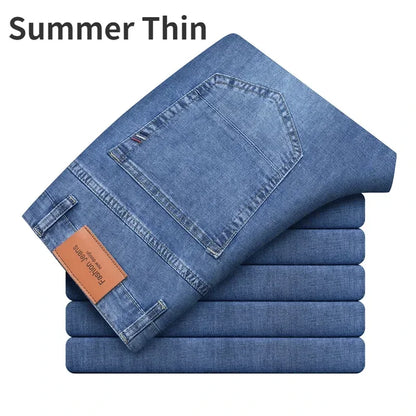 2026 Brand Thin or Thick Material Straight Cotton Stretch Denim Men's  Business Casual High Waist Light Grey Blue Jeans