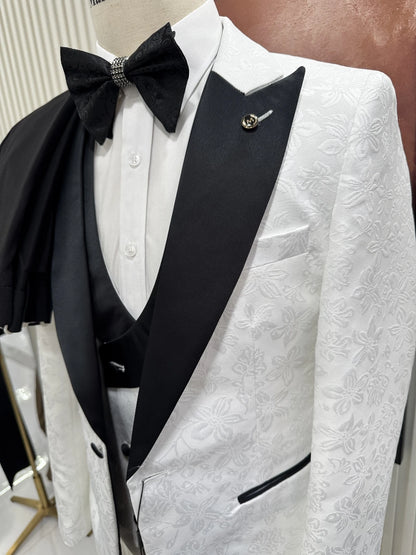 Premium Men's White Patterned 3-Piece Formal Tuxedo Black Lapel Slim Fit Groom Suit For Wedding Ball Dinner Party Formal Set