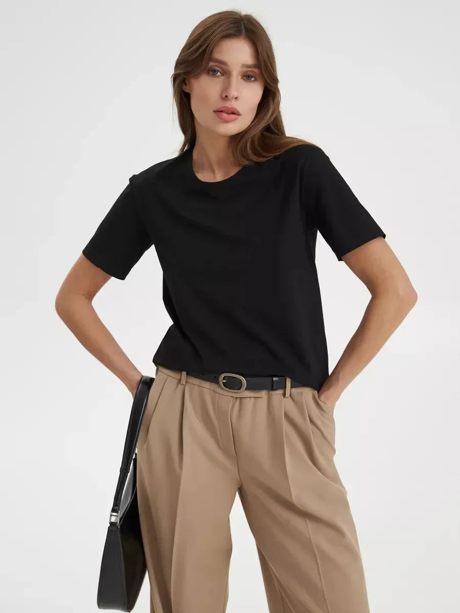 Summer 100% Cotton Women's T-shirt Bottoming Basic Fashionable Lady Short Sleeve Loose Tops Shirts Solid 230g/㎡ Tops