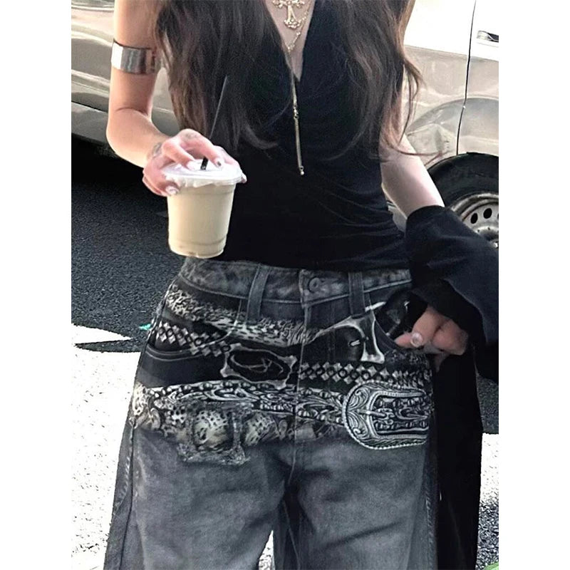 American Vintage Hip-hop High Waist Print Jeans Pants Women's Casual Baggy Y2K Wide Leg Grunge Streetwear Style Denim Trouser
