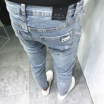 2024 Spring and Autumn New Fashion Trend Solid Color Elastic Small Legs Men's Casual Slim Comfortable High Quality Denim Pants