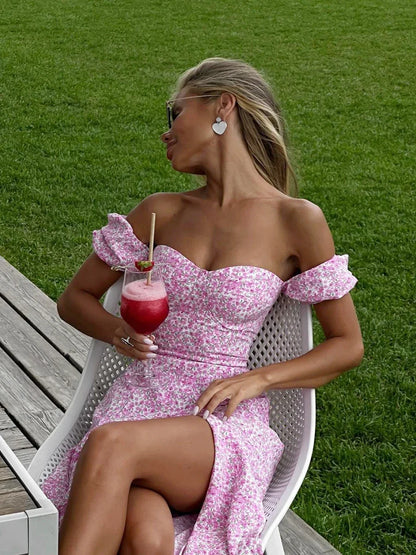 Women's Off Shoulder Floral Dress Summer New Fashionable Slit Long Slim Fit Print Dress Sexy Hot Girl Evening Dresses