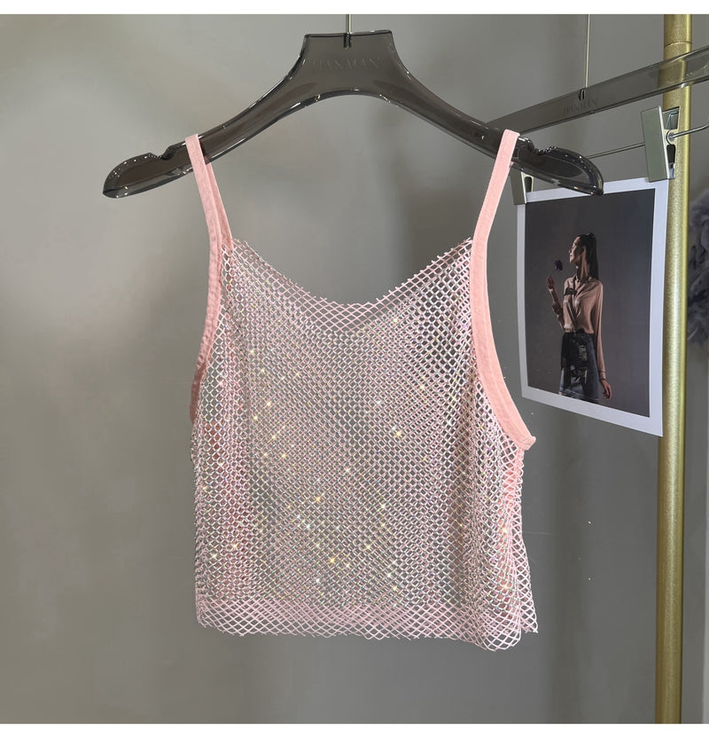 Summer New Mesh Diamond Crystal Short Halter Top AB Color Diamond Sexy Inner Shining Waistless Tops